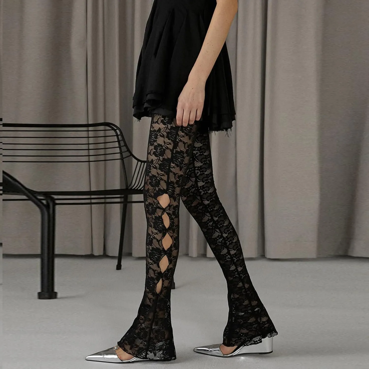Sexy Women Y2K Lace Flare Pants High Waist See-Through Sheer Mesh Leggings Coquette Wide Leg Bell-Bottom Trousers