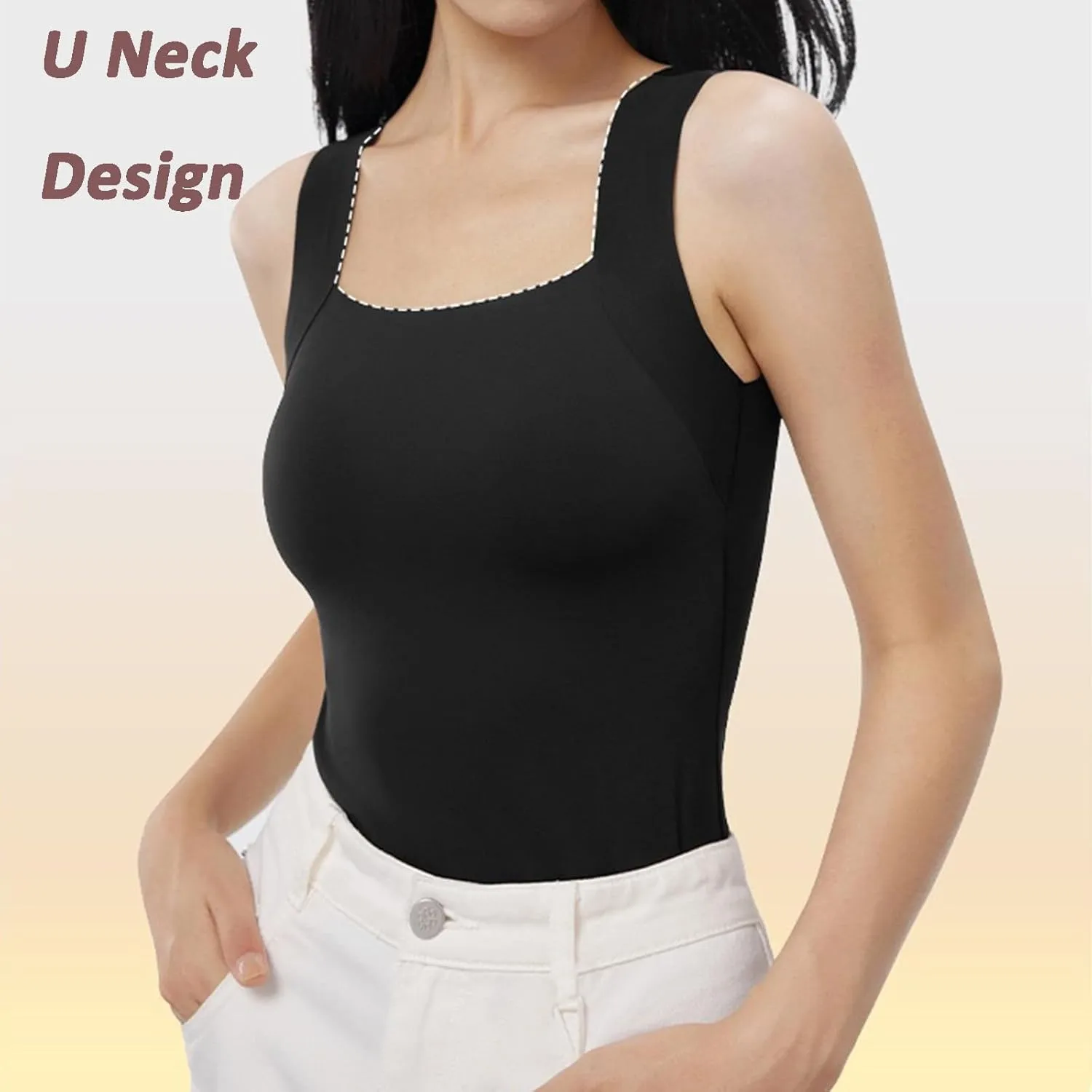 Shamfreshen U Neck Shapewear Built-in Bra Tank, Women High Strechy Sleeveless Camisole Tank Top with Bra