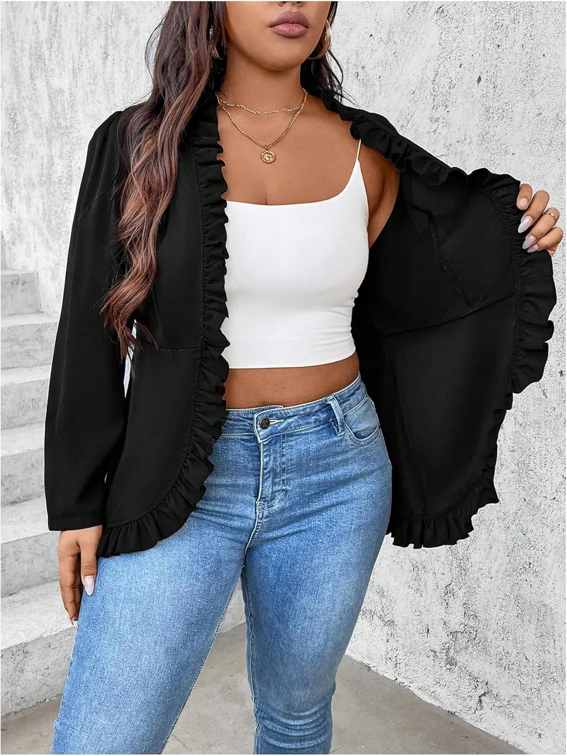 SHENHE Women's Plus Size Open Front Ruffle Trim Elegant Business Casual Office Blazer Jacket