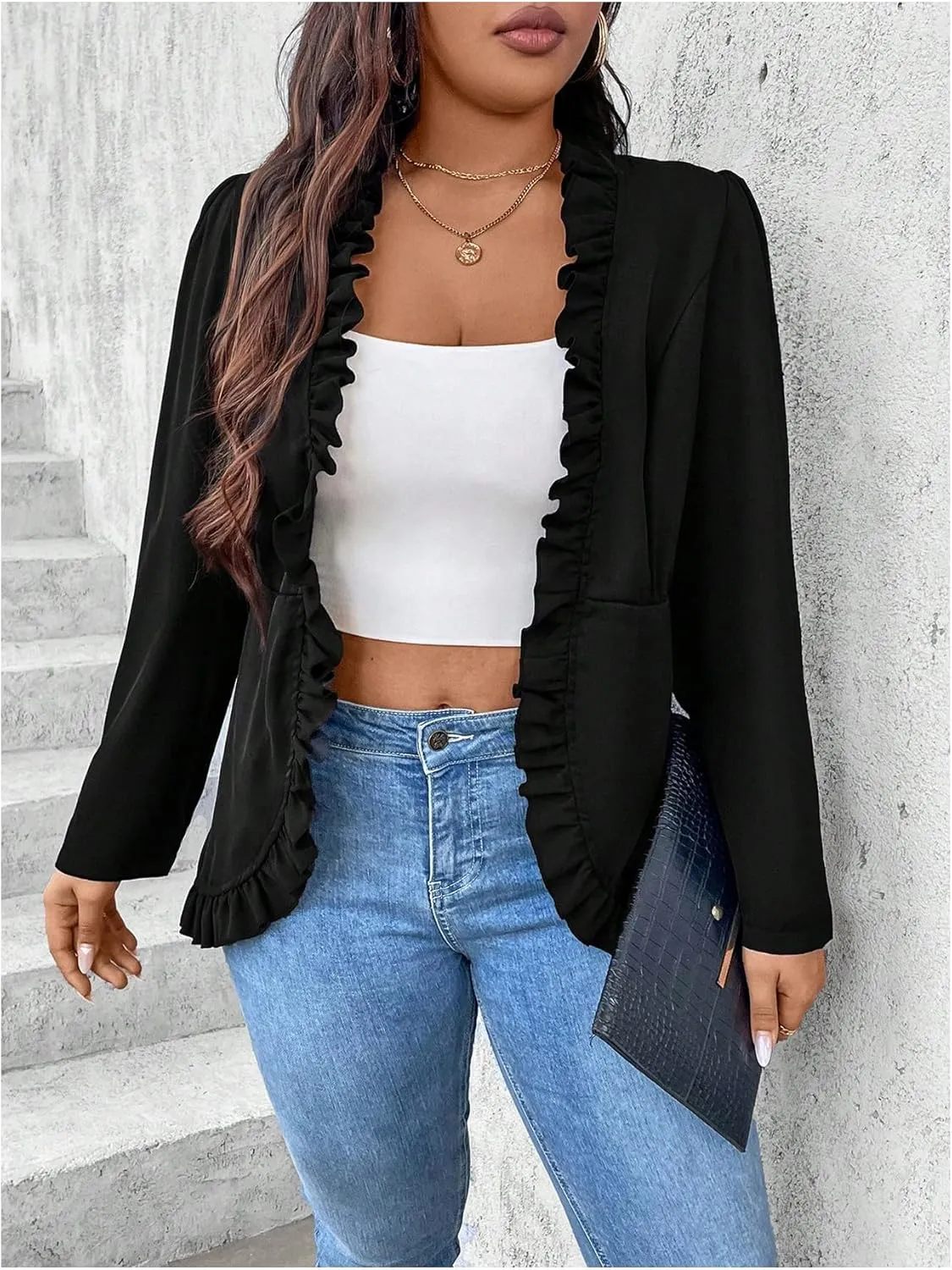 SHENHE Women's Plus Size Open Front Ruffle Trim Elegant Business Casual Office Blazer Jacket