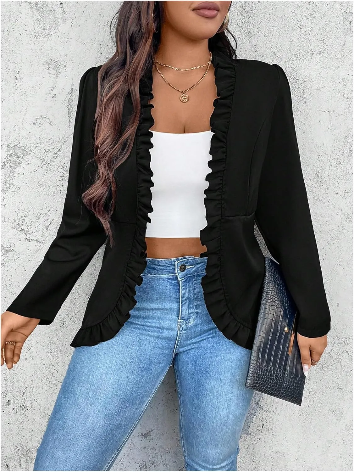 SHENHE Women's Plus Size Open Front Ruffle Trim Elegant Business Casual Office Blazer Jacket