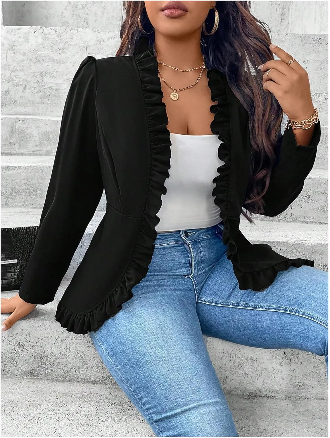 SHENHE Women's Plus Size Open Front Ruffle Trim Elegant Business Casual Office Blazer Jacket