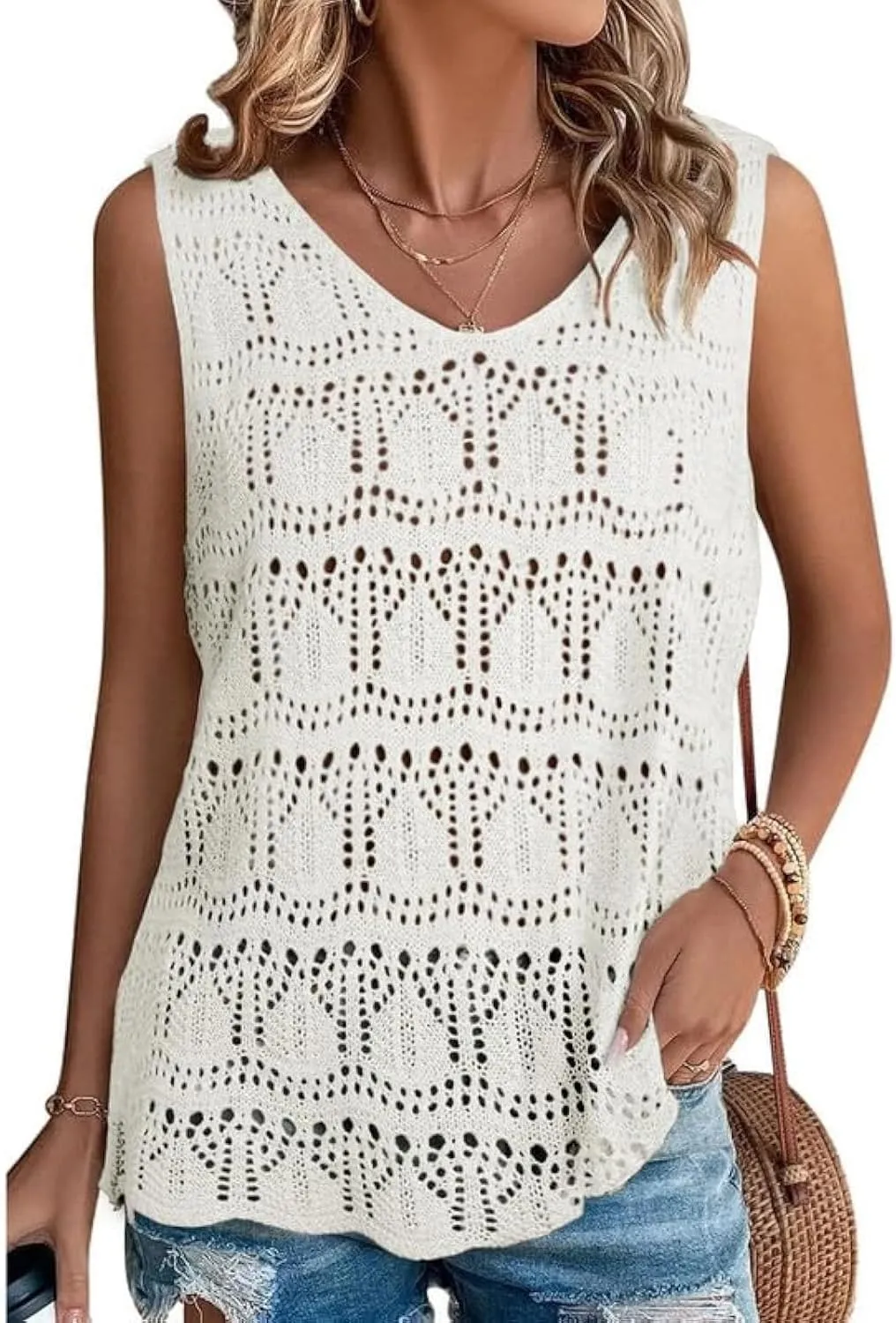 SHEWIN Womens Summer Tank Top for Women 2025 Trendy V Neck Crochet Sleeveless Shirts Sweater Vest