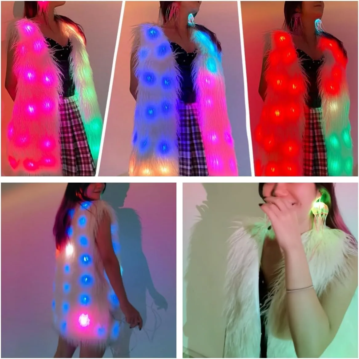 SHINYOU Men Women Light Up faux fur Coat Vest, Smart LED Light Up SYNC Vest,Glow Fluffy Sparking Costume