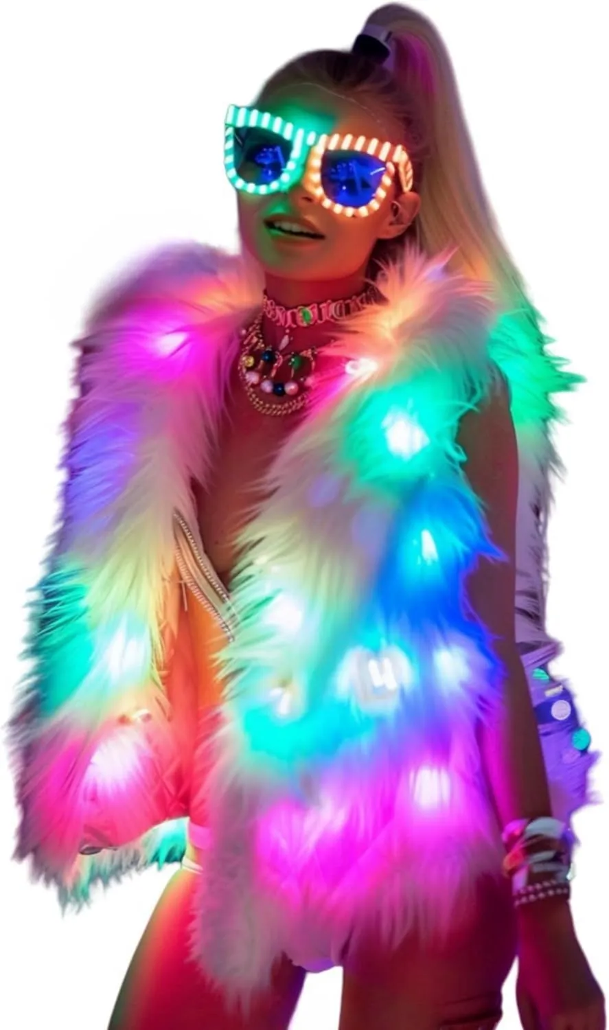 SHINYOU Men Women Light Up faux fur Coat Vest, Smart LED Light Up SYNC Vest,Glow Fluffy Sparking Costume