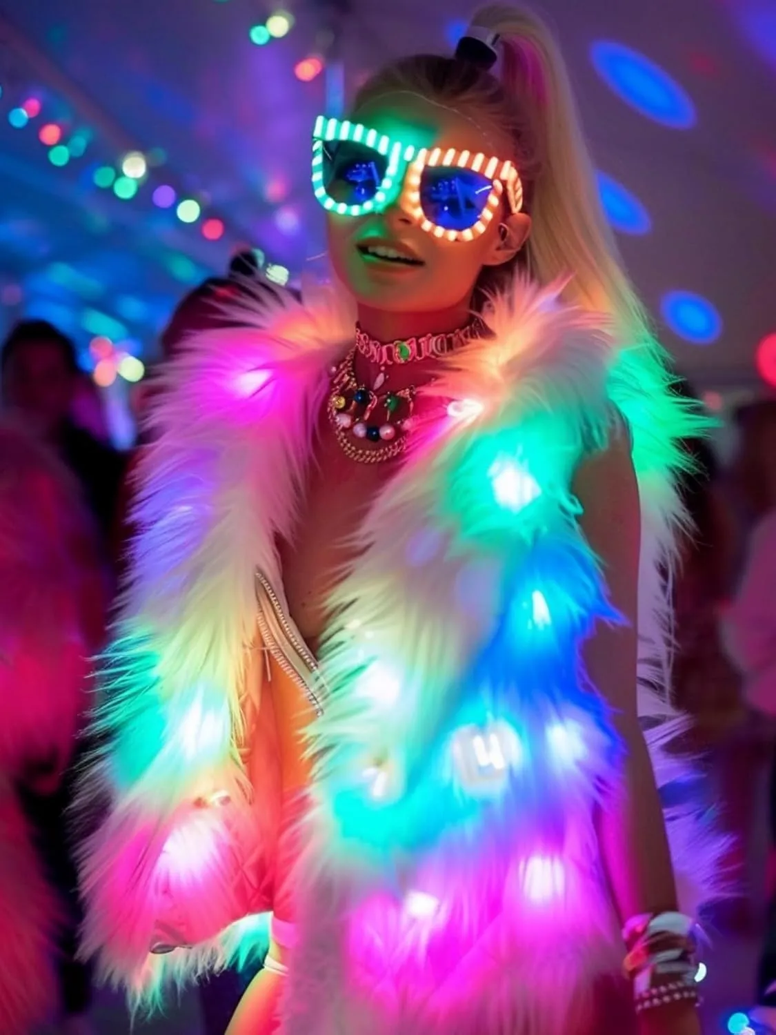 SHINYOU Men Women Light Up faux fur Coat Vest, Smart LED Light Up SYNC Vest,Glow Fluffy Sparking Costume