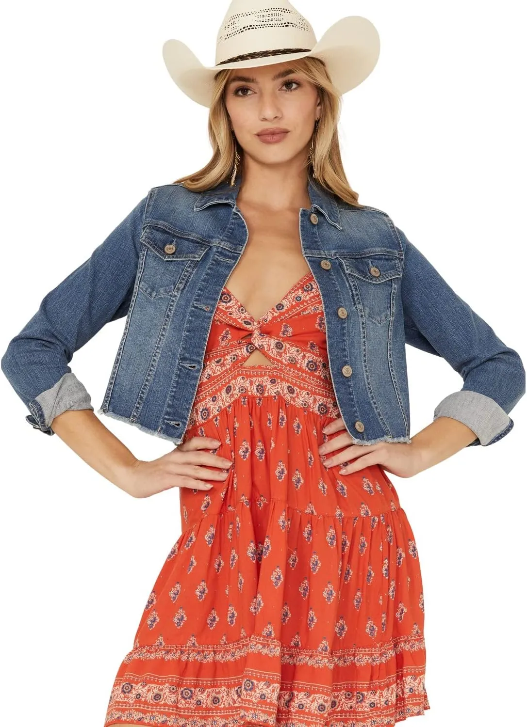 Shyanne Women's Light Denim Cropped Fray Jacket - SWSP22O63-LTW XX- US