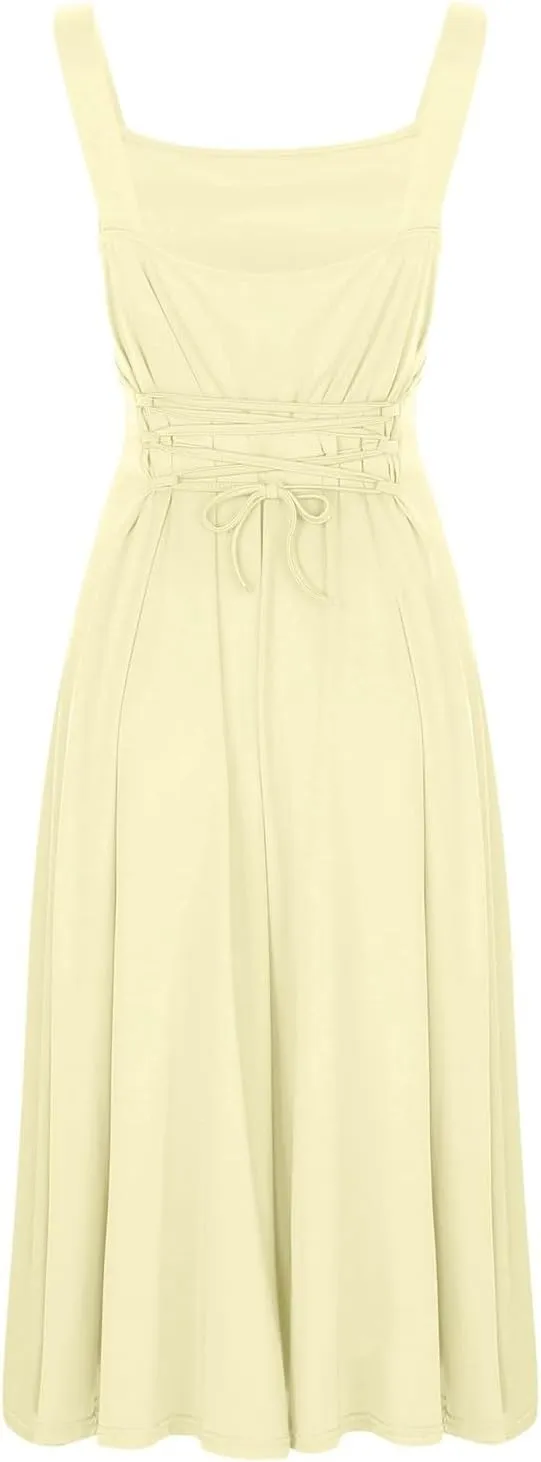 Sleeveless Dresses For Women 2025 Square Neck Slim Fit Waisted Flowy Swing Long Dress Solid Elegant Party Sundress
