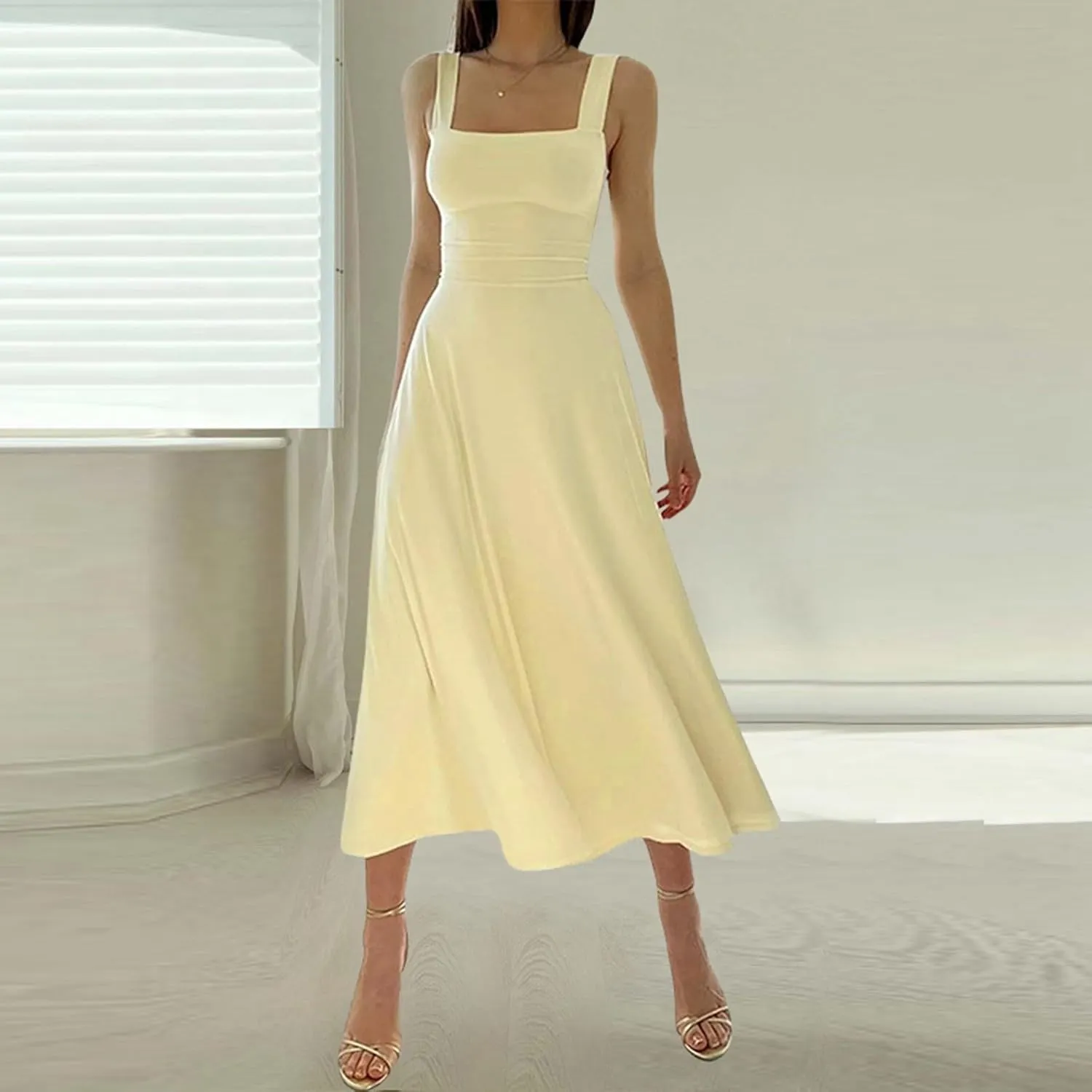 Sleeveless Dresses For Women 2025 Square Neck Slim Fit Waisted Flowy Swing Long Dress Solid Elegant Party Sundress