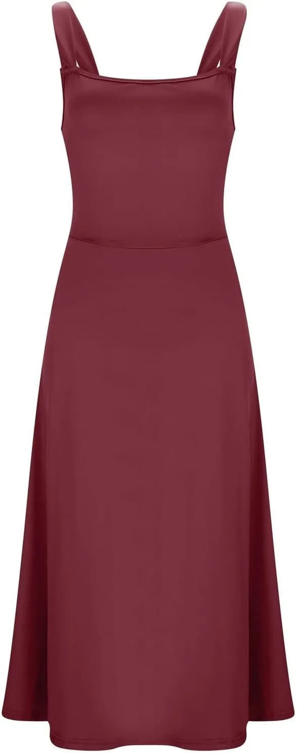 Sleeveless Dresses For Women 2025 Square Neck Slim Fit Waisted Flowy Swing Long Dress Solid Elegant Party Sundress