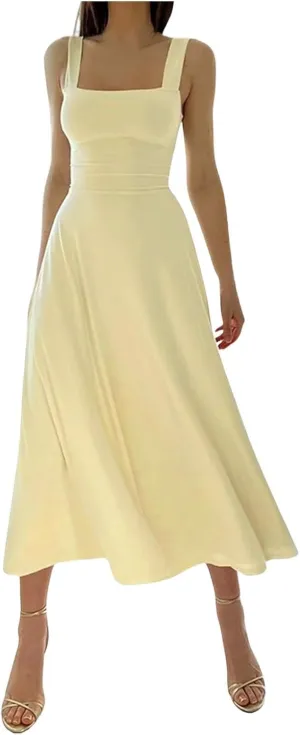 Sleeveless Dresses For Women 2025 Square Neck Slim Fit Waisted Flowy Swing Long Dress Solid Elegant Party Sundress