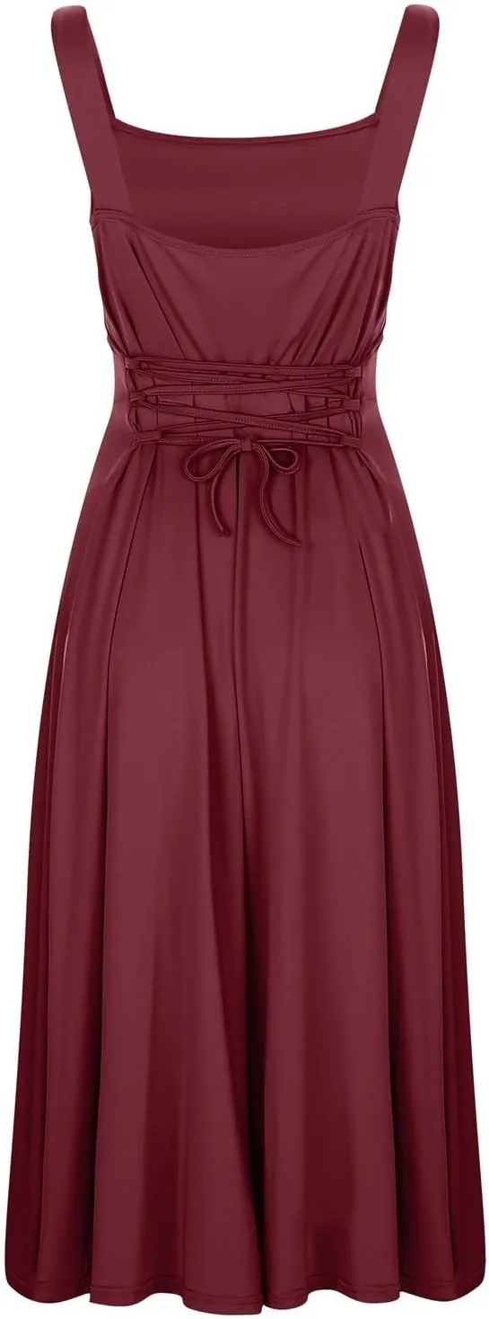 Sleeveless Dresses For Women 2025 Square Neck Slim Fit Waisted Flowy Swing Long Dress Solid Elegant Party Sundress