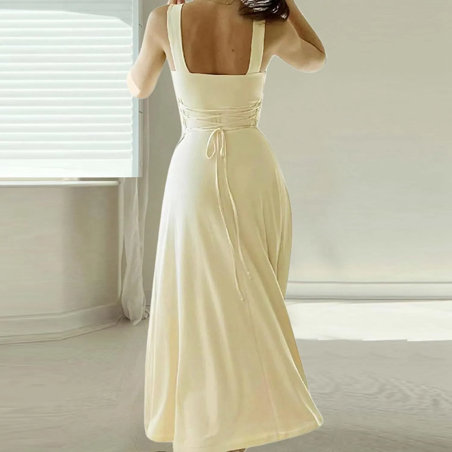 Sleeveless Dresses For Women 2025 Square Neck Slim Fit Waisted Flowy Swing Long Dress Solid Elegant Party Sundress