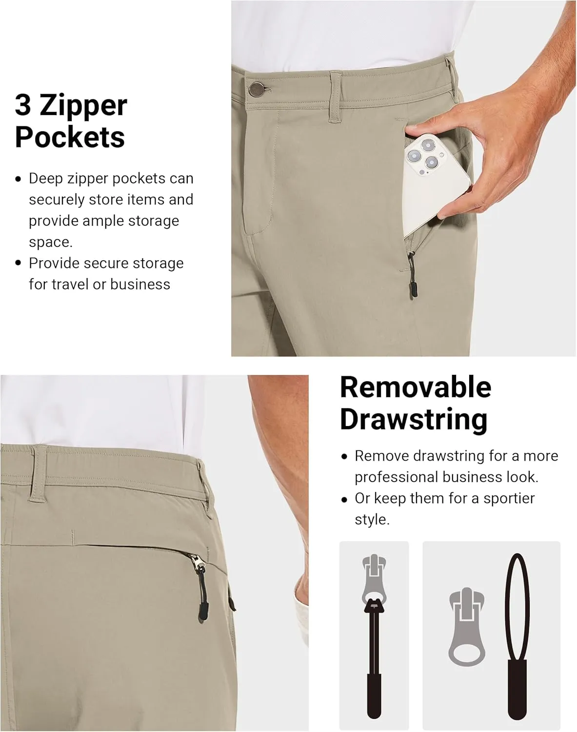 SPECIALMAGIC Golf Pants Men Stretch Slim fit Hiking Pants Lightweight Dress Casual Tapered Zipper Pockets