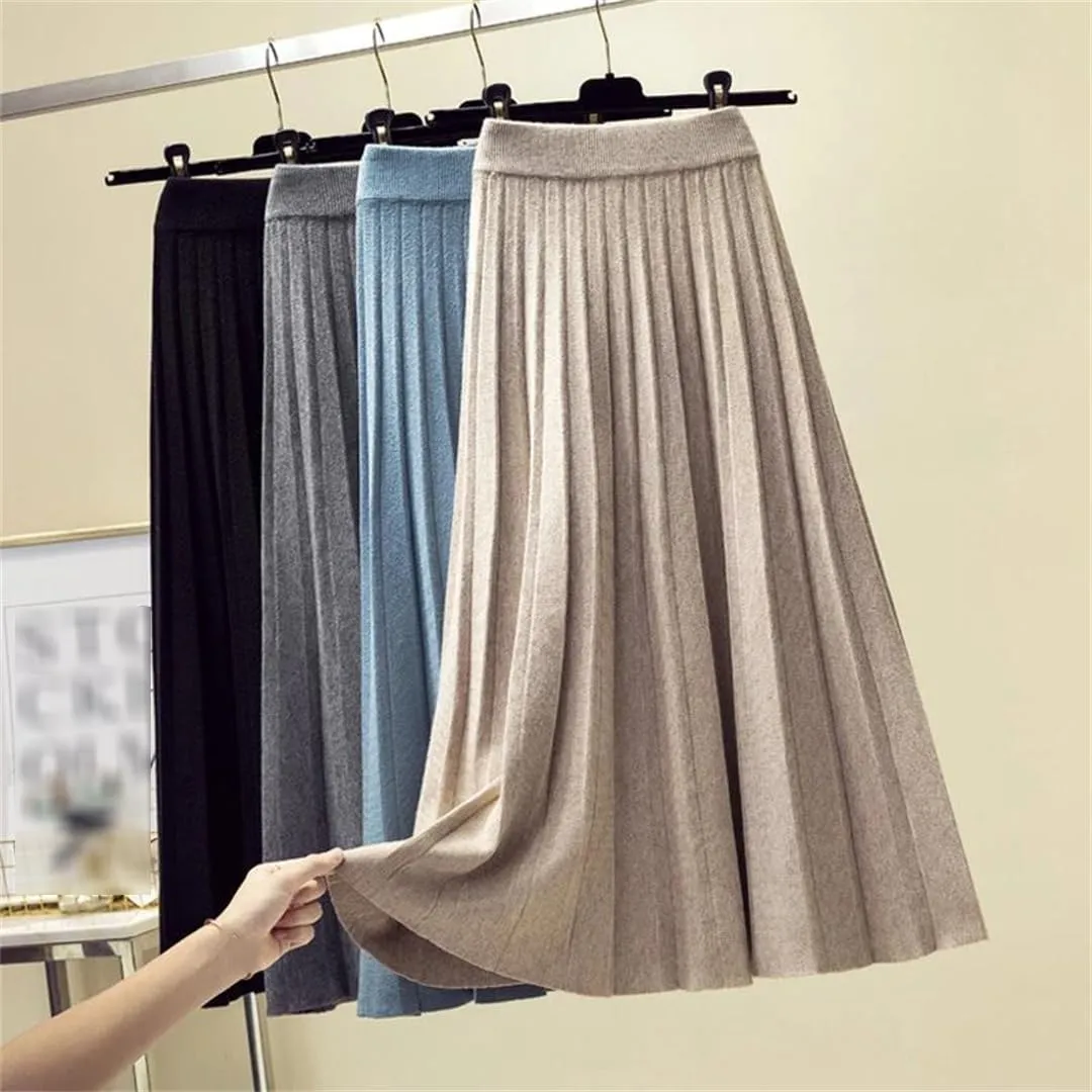 Spring Winter Women Knitted Pleated Midi Skirt Solid Color Loose High Waist Skirts