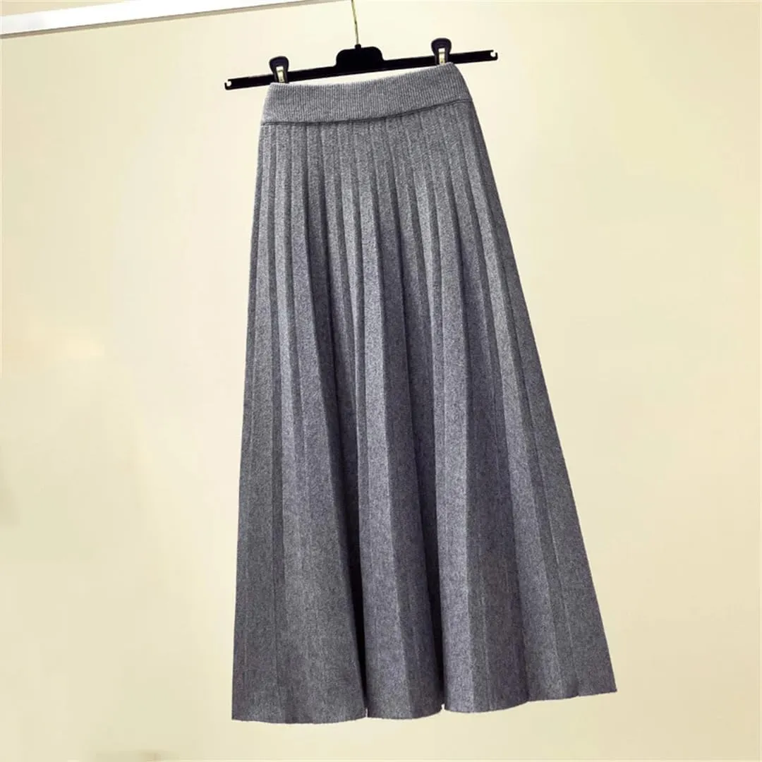 Spring Winter Women Knitted Pleated Midi Skirt Solid Color Loose High Waist Skirts