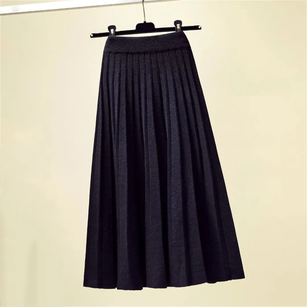Spring Winter Women Knitted Pleated Midi Skirt Solid Color Loose High Waist Skirts