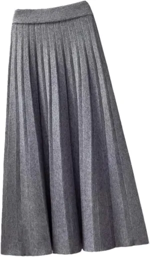 Spring Winter Women Knitted Pleated Midi Skirt Solid Color Loose High Waist Skirts