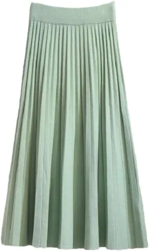 Spring Winter Women Knitted Pleated Midi Skirt Solid Color Loose High Waist Skirts
