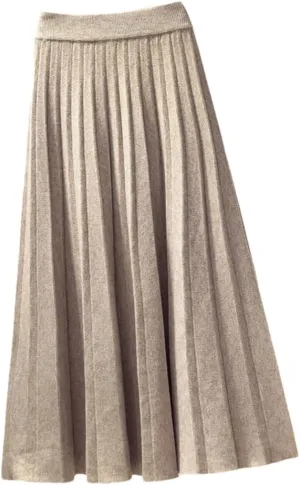 Spring Winter Women Knitted Pleated Midi Skirt Solid Color Loose High Waist Skirts