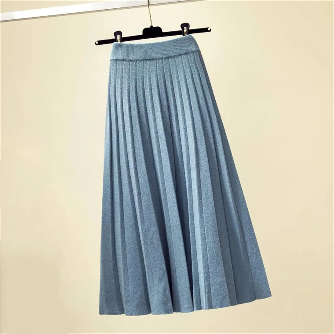 Spring Winter Women Knitted Pleated Midi Skirt Solid Color Loose High Waist Skirts