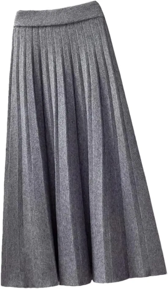 Spring Winter Women Knitted Pleated Midi Skirt Solid Color Loose High Waist Skirts