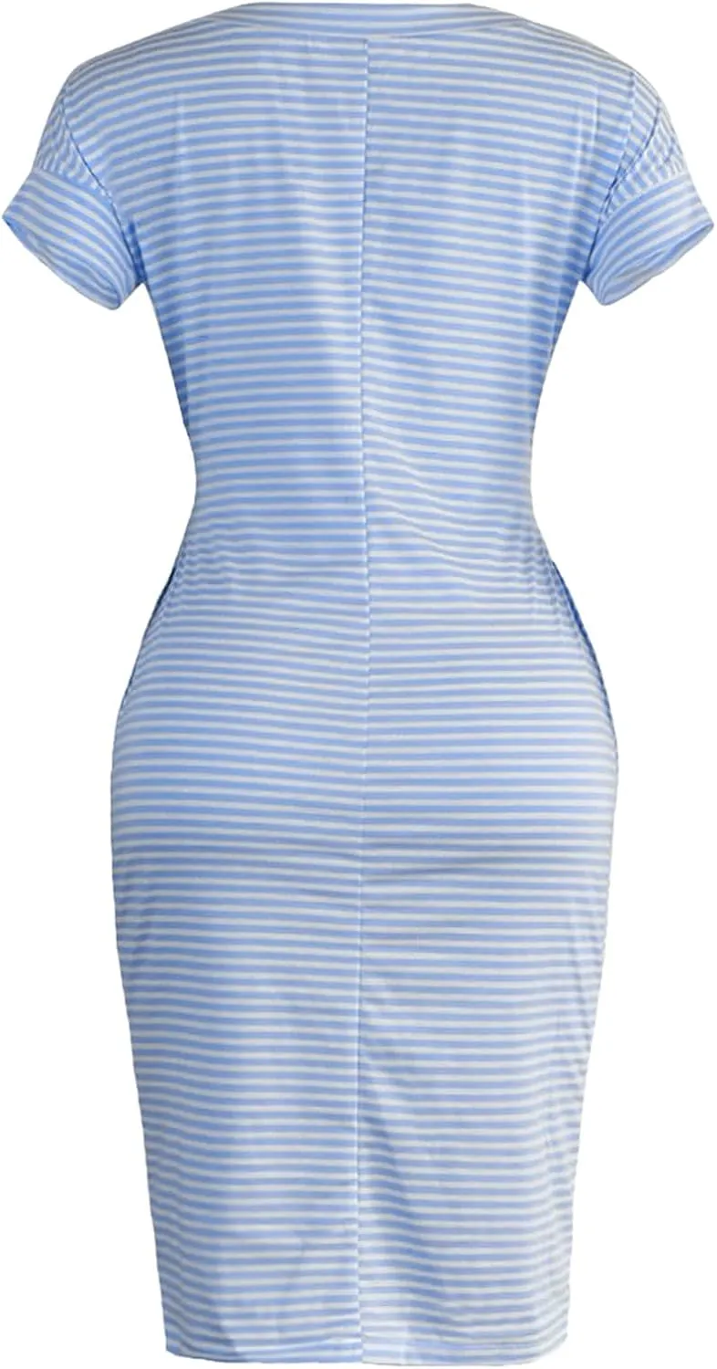 Striped Dress For Women Summer Short Sleeve Crewneck Dress Basic Solid Tie Waist Office T Shirt Dress With Pockets