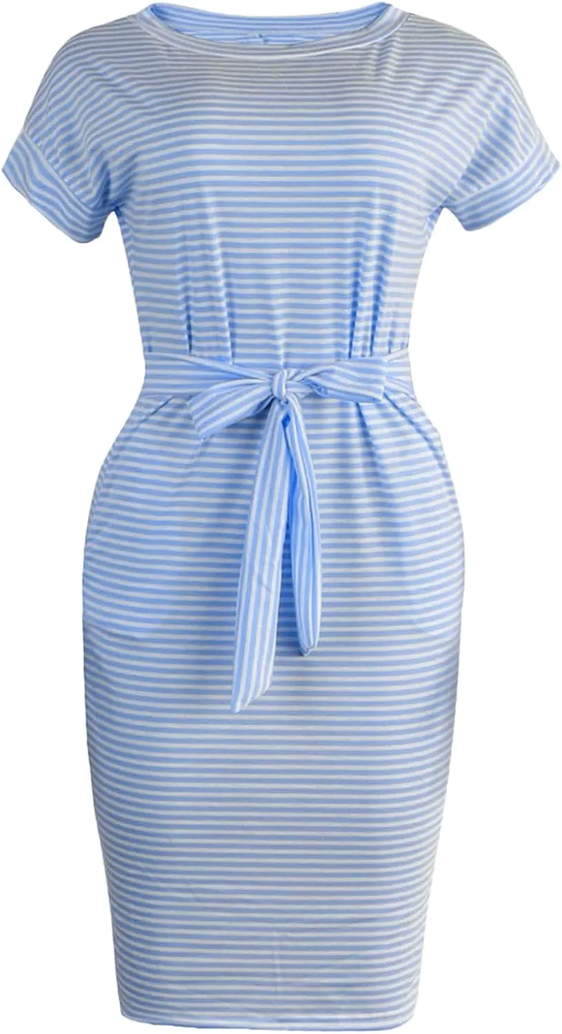 Striped Dress For Women Summer Short Sleeve Crewneck Dress Basic Solid Tie Waist Office T Shirt Dress With Pockets