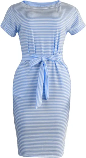 Striped Dress For Women Summer Short Sleeve Crewneck Dress Basic Solid Tie Waist Office T Shirt Dress With Pockets