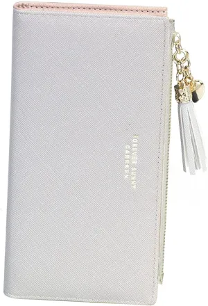 SUMGOGO Wallets for Women Slim Clutch Purse Handbag Card Holder Womens Long Tassel Zipper Pocket Fashion Taiga Leather Billfold Wallet (Gray)