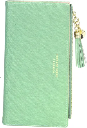 SUMGOGO Wallets for Women Slim Clutch Purse Handbag Card Holder Womens Long Tassel Zipper Pocket Fashion Taiga Leather Billfold Wallet (Green)