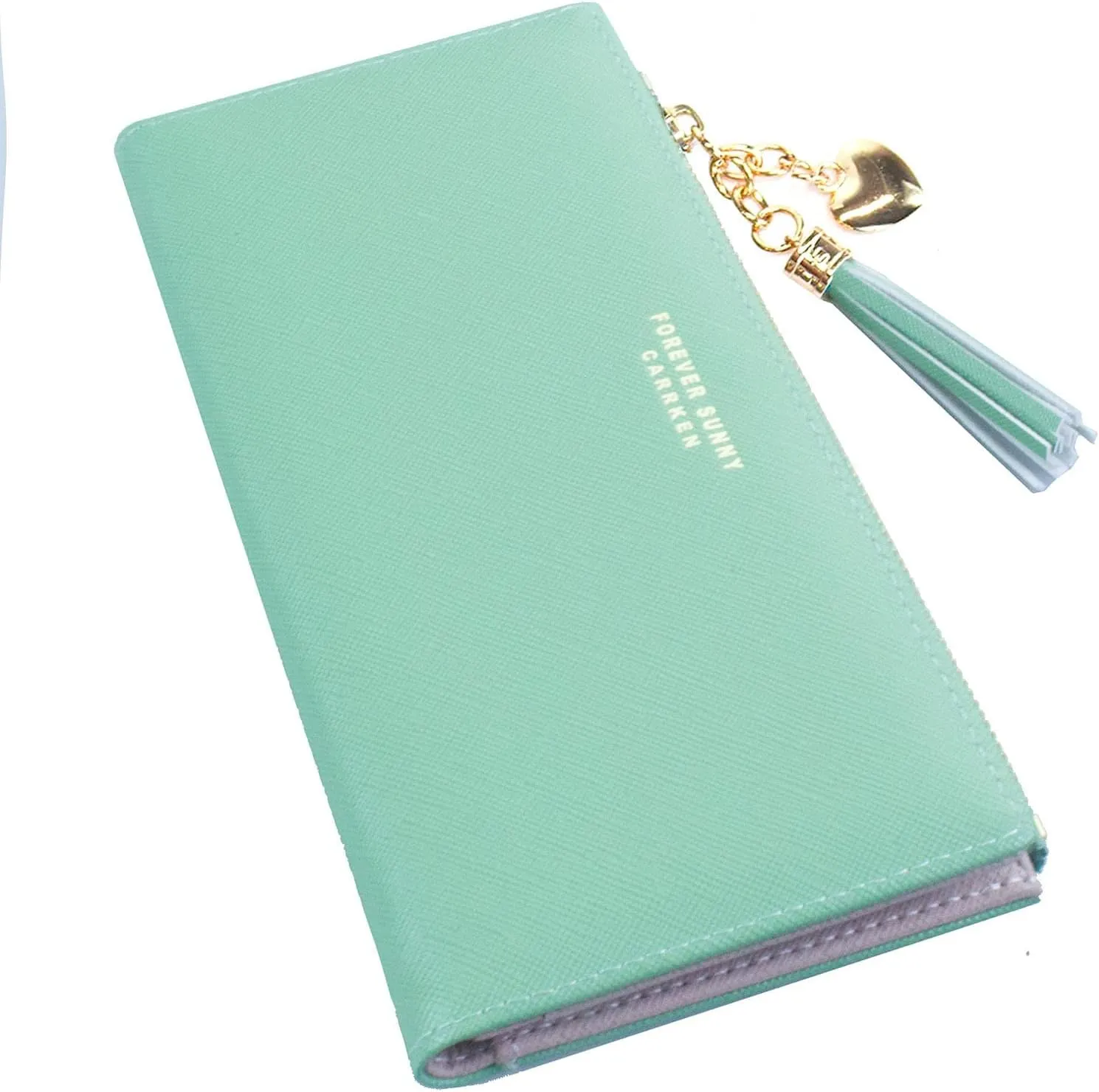 SUMGOGO Wallets for Women Slim Clutch Purse Handbag Card Holder Womens Long Tassel Zipper Pocket Fashion Taiga Leather Billfold Wallet (Green)