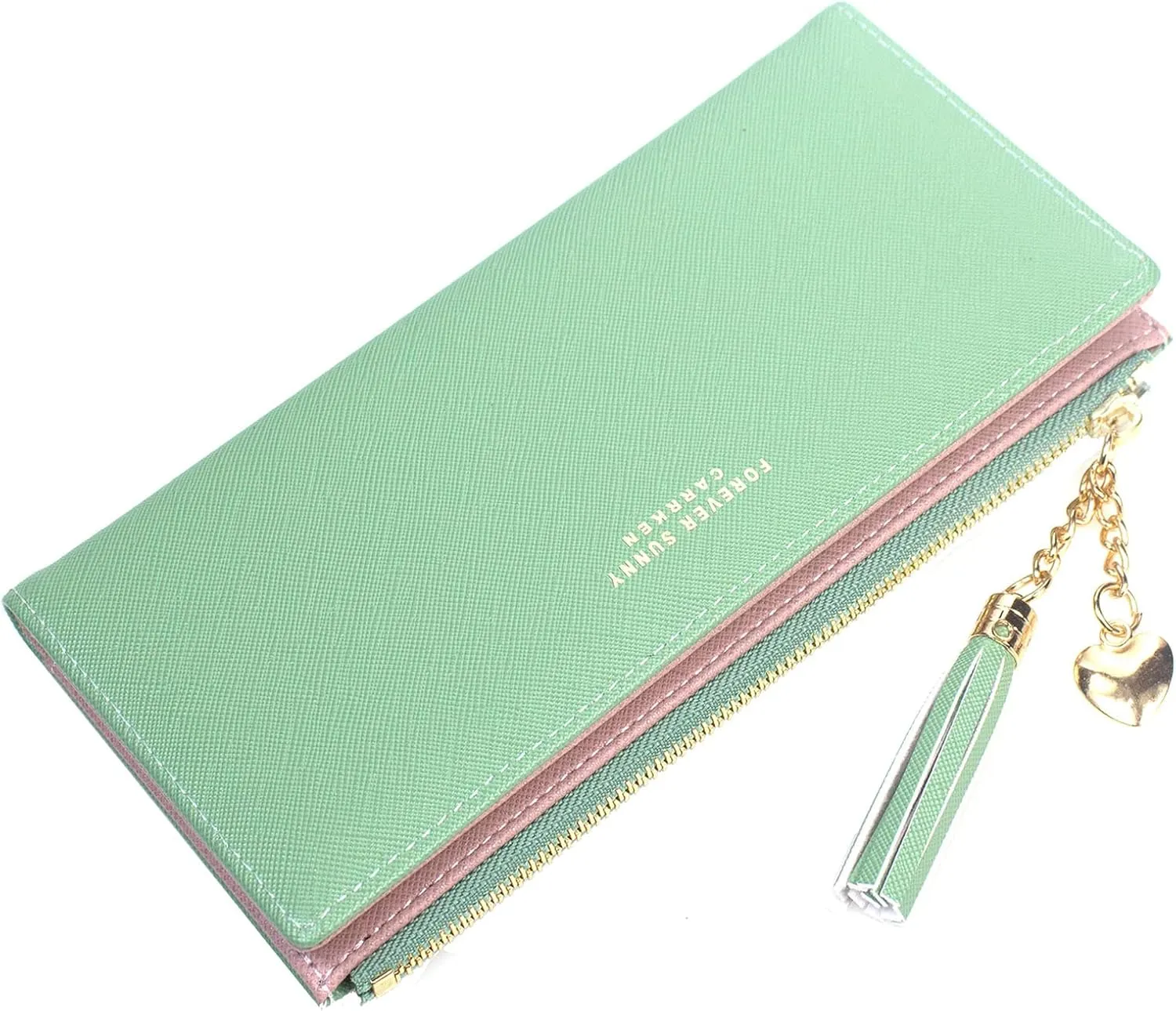 SUMGOGO Wallets for Women Slim Clutch Purse Handbag Card Holder Womens Long Tassel Zipper Pocket Fashion Taiga Leather Billfold Wallet (Green)