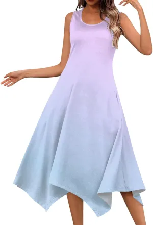 Summer Dresses for Women 2025 Elegant Print Swing Hem Tank Midi Dress Casual Plus Size Sleeveless Crewneck Sundress