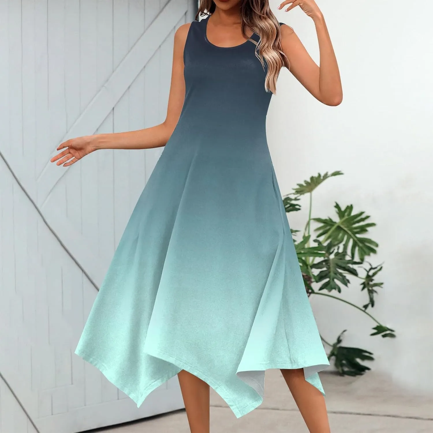 Summer Dresses for Women 2025 Elegant Print Swing Hem Tank Midi Dress Casual Plus Size Sleeveless Crewneck Sundress