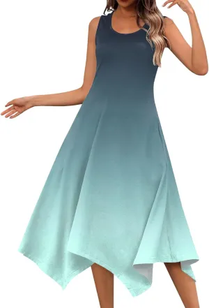 Summer Dresses for Women 2025 Elegant Print Swing Hem Tank Midi Dress Casual Plus Size Sleeveless Crewneck Sundress