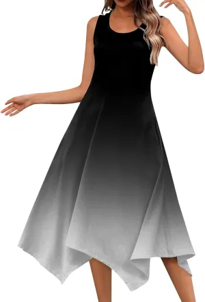 Summer Dresses for Women 2025 Elegant Print Swing Hem Tank Midi Dress Casual Plus Size Sleeveless Crewneck Sundress