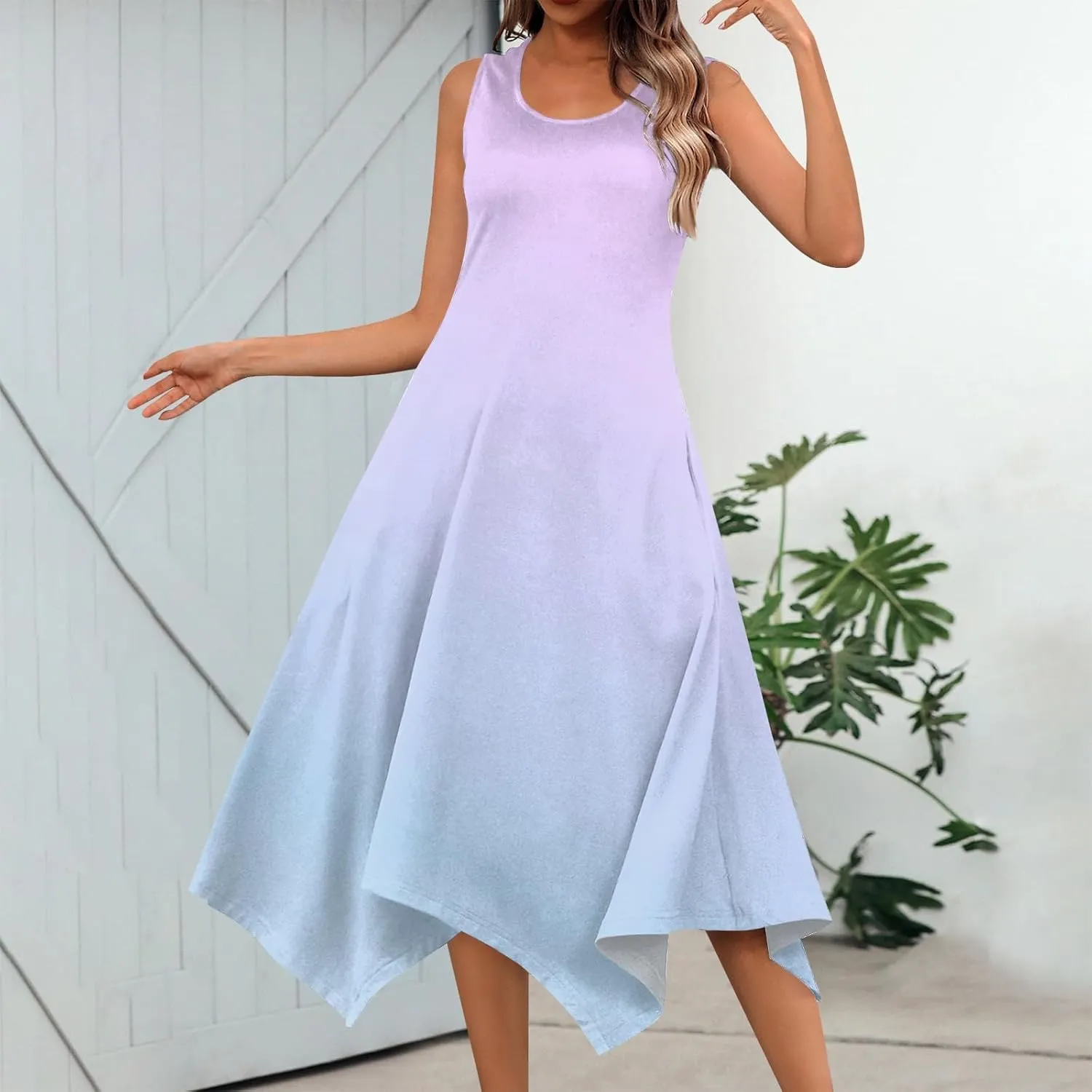 Summer Dresses for Women 2025 Elegant Print Swing Hem Tank Midi Dress Casual Plus Size Sleeveless Crewneck Sundress