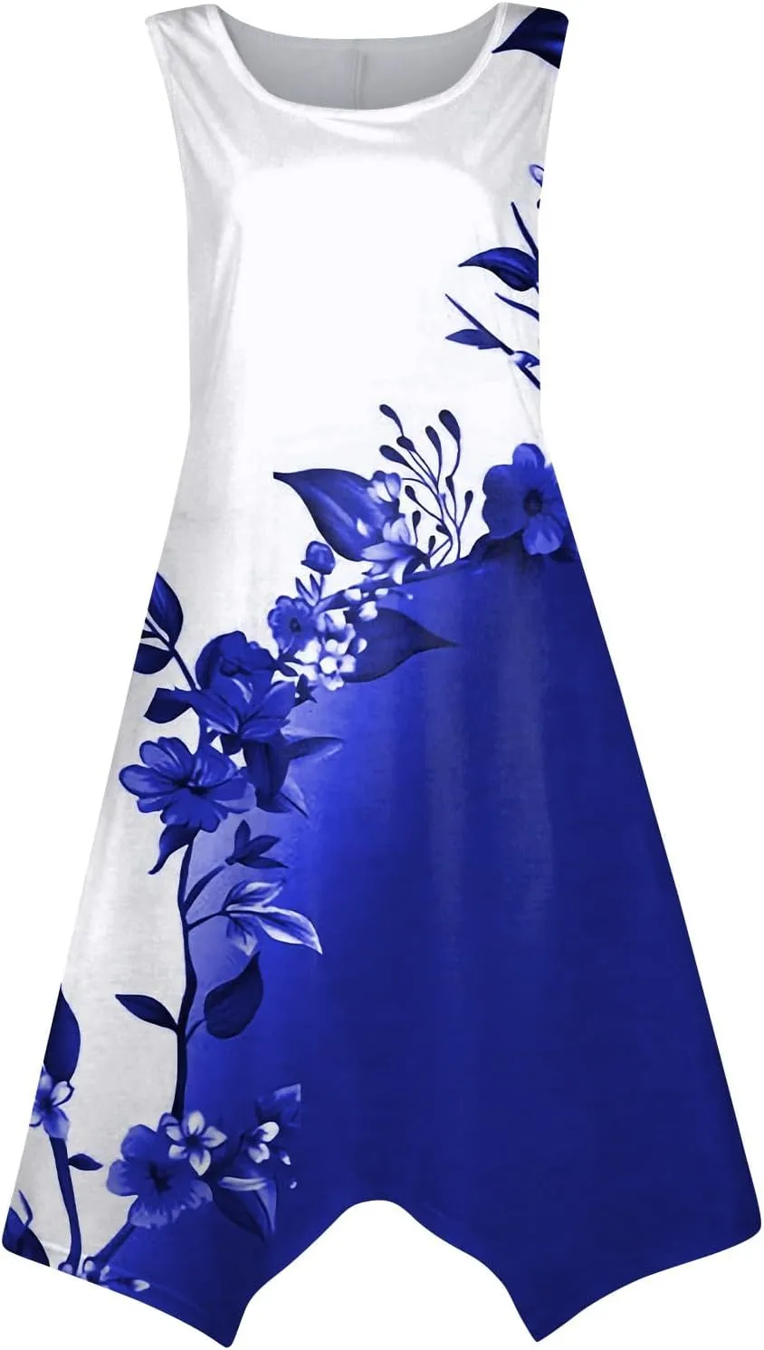 Summer Dresses for Women 2025 Elegant Print Swing Hem Tank Midi Dress Casual Plus Size Sleeveless Crewneck Sundress