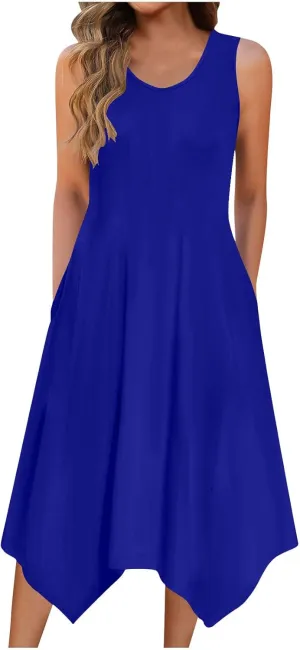 Summer Dresses for Women 2025 Elegant Print Swing Hem Tank Midi Dresses Casual Plus Size Sleeveless Crewneck Sundress