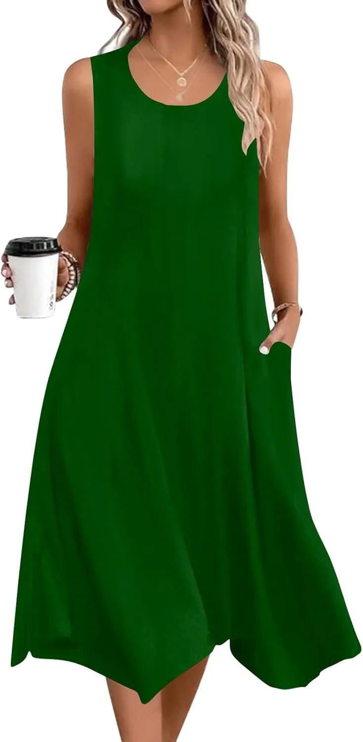Summer Dresses for Women 2025 Elegant Print Swing Hem Tank Midi Dresses Casual Plus Size Sleeveless Crewneck Sundress