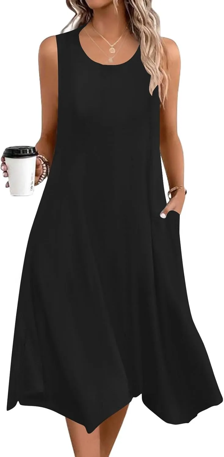 Summer Dresses for Women 2025 Elegant Print Swing Hem Tank Midi Dresses Casual Plus Size Sleeveless Crewneck Sundress