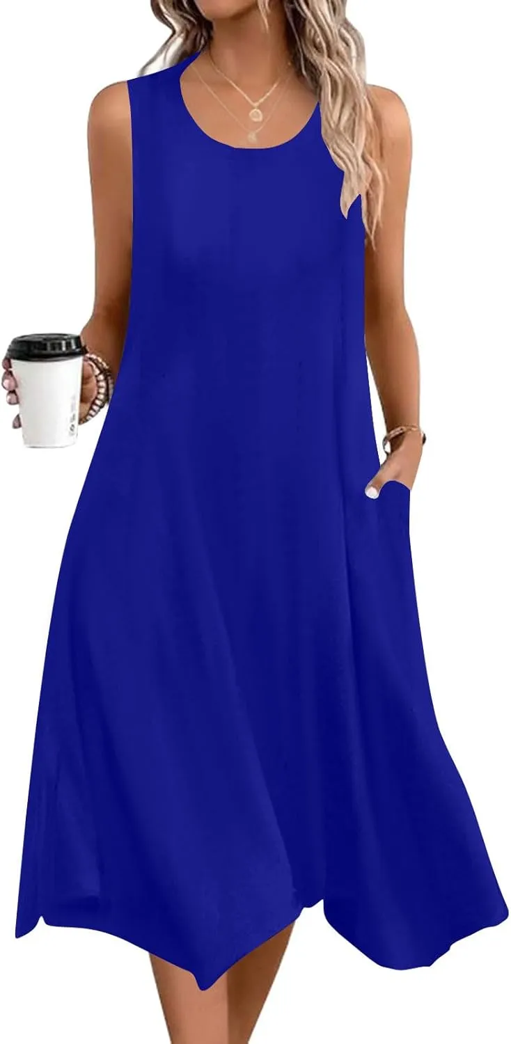 Summer Dresses for Women 2025 Elegant Print Swing Hem Tank Midi Dresses Casual Plus Size Sleeveless Crewneck Sundress