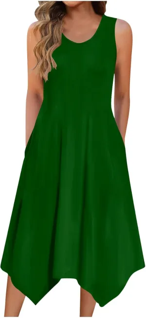 Summer Dresses for Women 2025 Elegant Print Swing Hem Tank Midi Dresses Casual Plus Size Sleeveless Crewneck Sundress