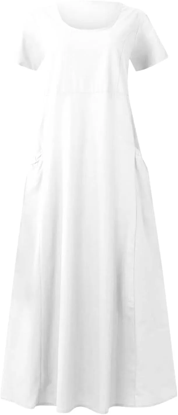 Summer Dresses for Women 2025 Plus Size Short Sleeve Cotton Linen Dress Causal Scoop Neck Ruffle Flowy Beach Sundress