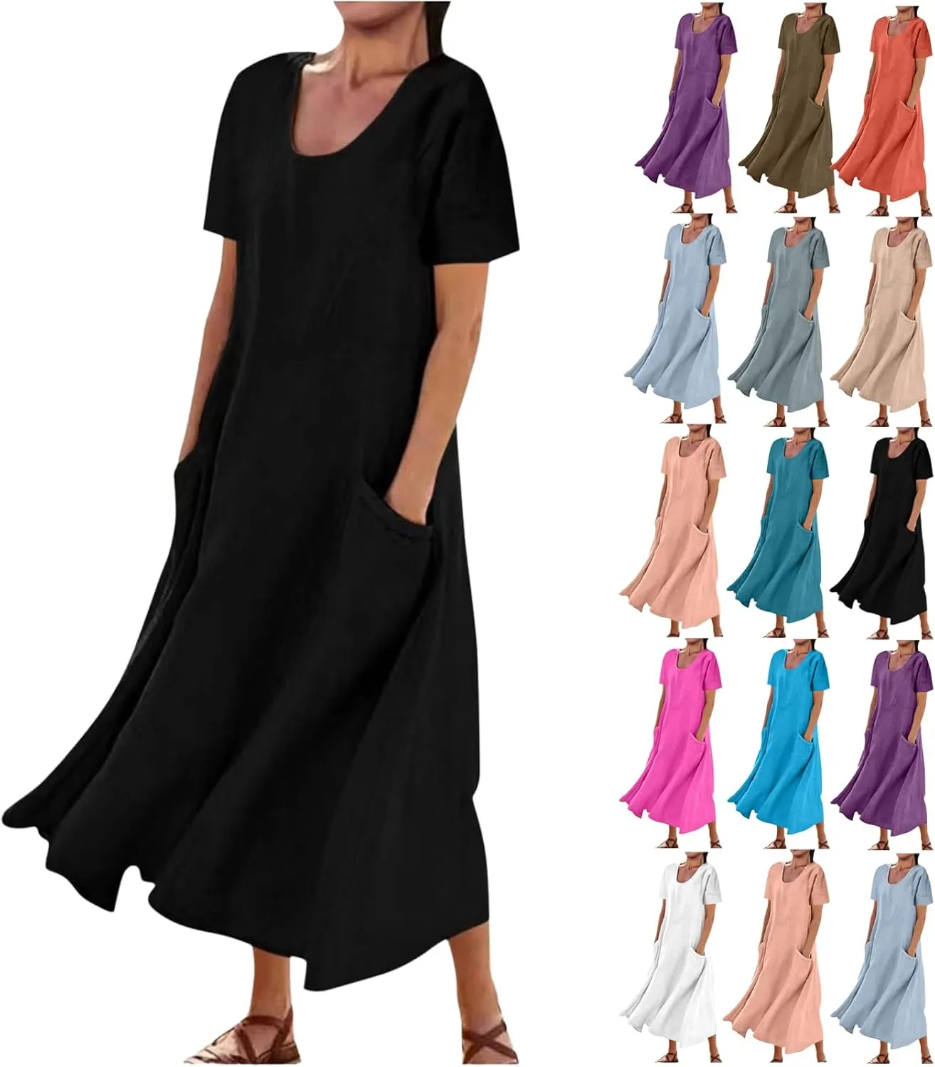 Summer Dresses for Women 2025 Plus Size Short Sleeve Cotton Linen Dress Causal Scoop Neck Ruffle Flowy Beach Sundress