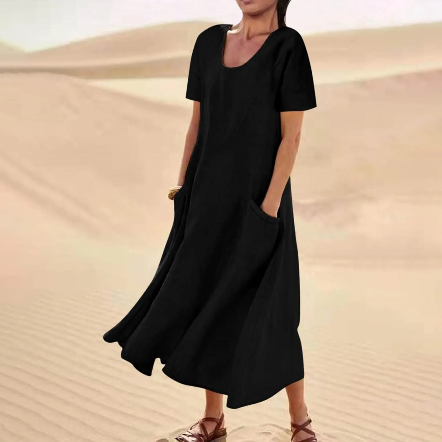 Summer Dresses for Women 2025 Plus Size Short Sleeve Cotton Linen Dress Causal Scoop Neck Ruffle Flowy Beach Sundress