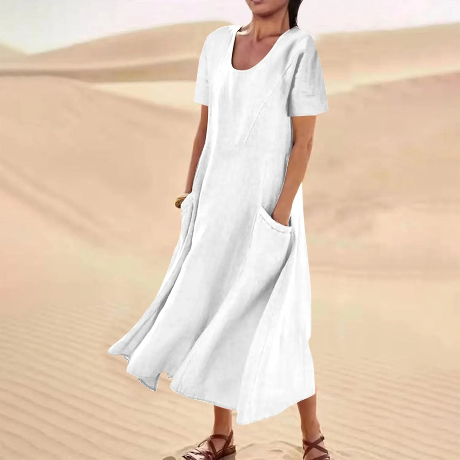 Summer Dresses for Women 2025 Plus Size Short Sleeve Cotton Linen Dress Causal Scoop Neck Ruffle Flowy Beach Sundress