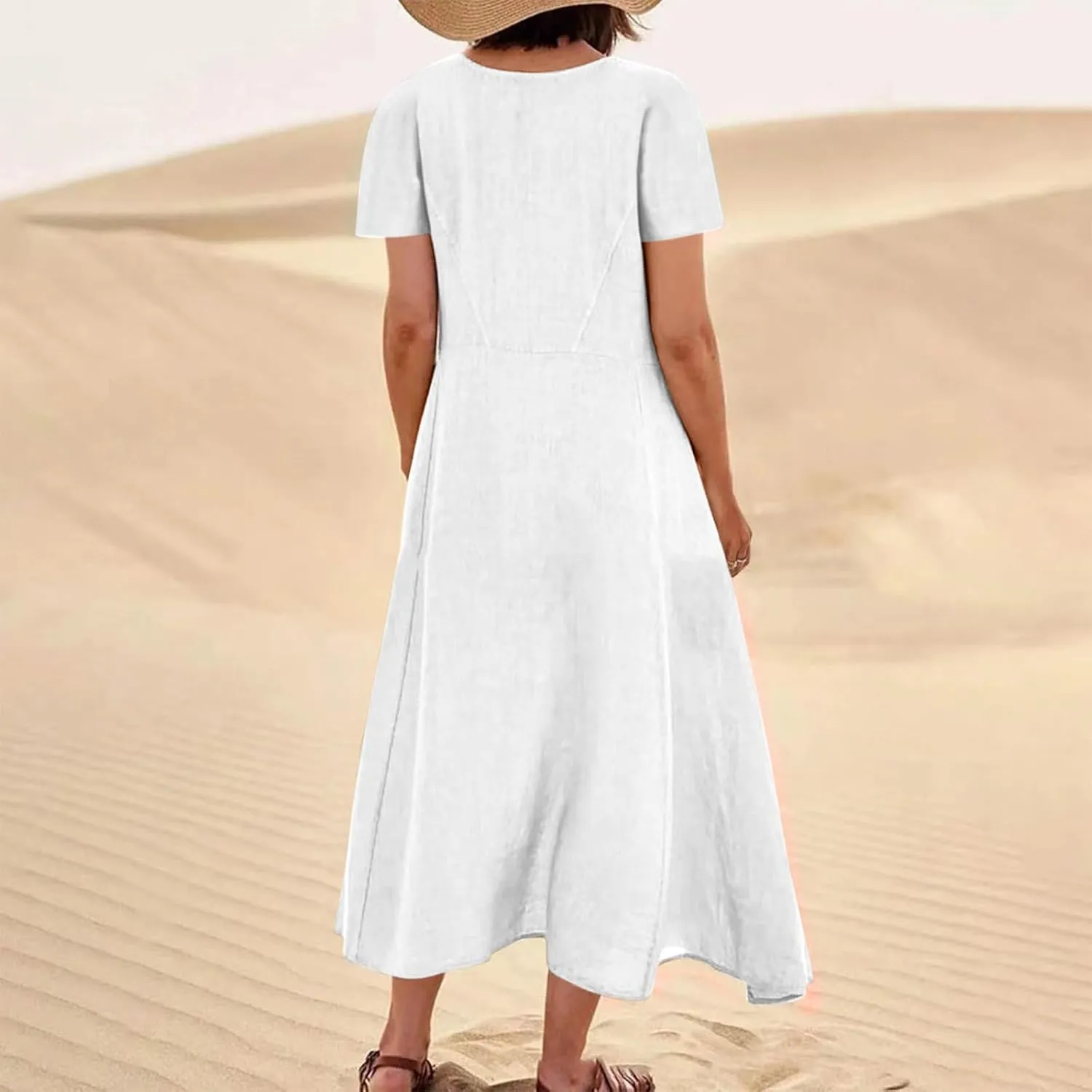 Summer Dresses for Women 2025 Plus Size Short Sleeve Cotton Linen Dress Causal Scoop Neck Ruffle Flowy Beach Sundress