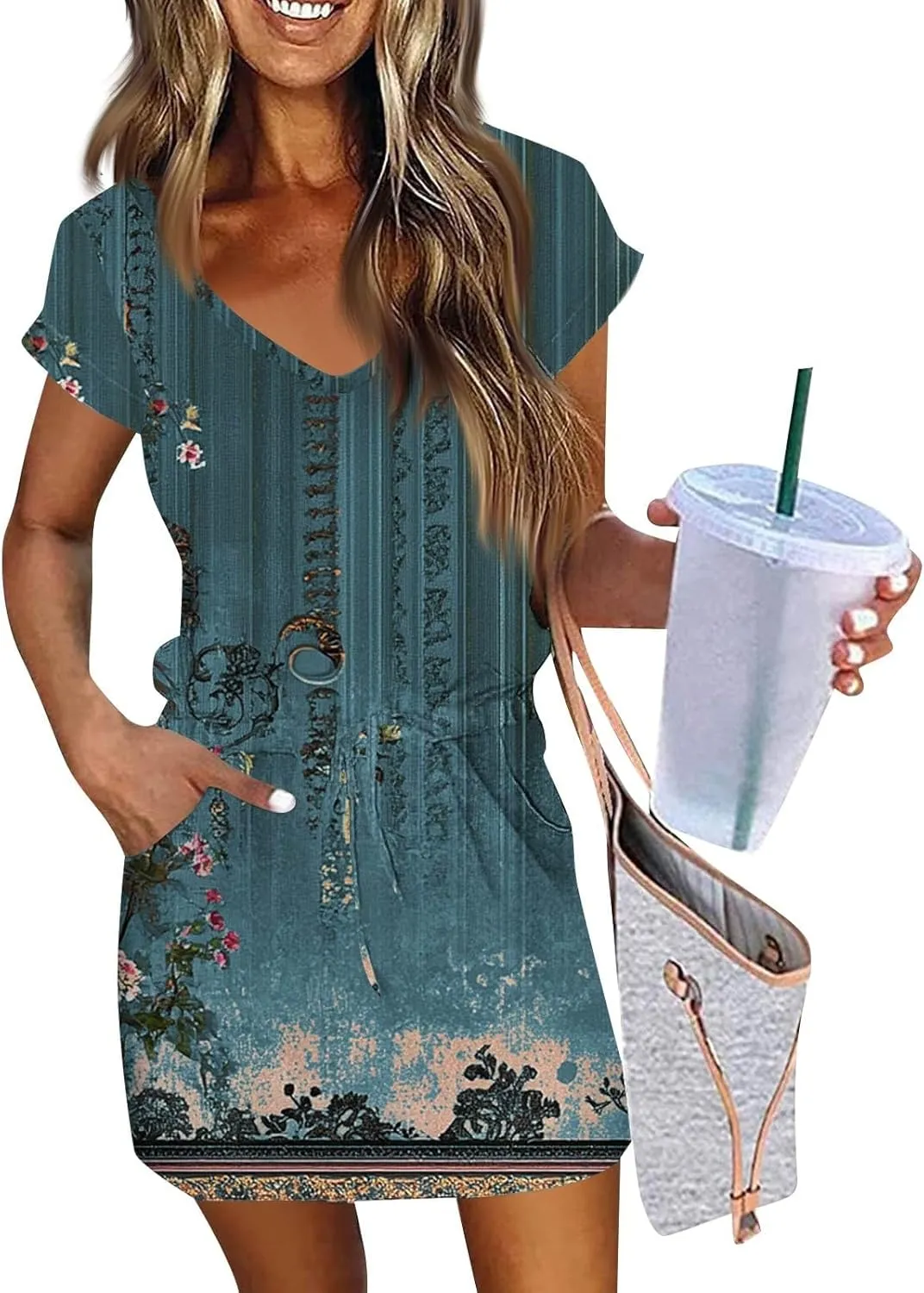 Summer Dresses for Women 2025 Sundress Short Sleeve V Neck Beach Vacation A-Line Double Layer Hem Mini Dresses